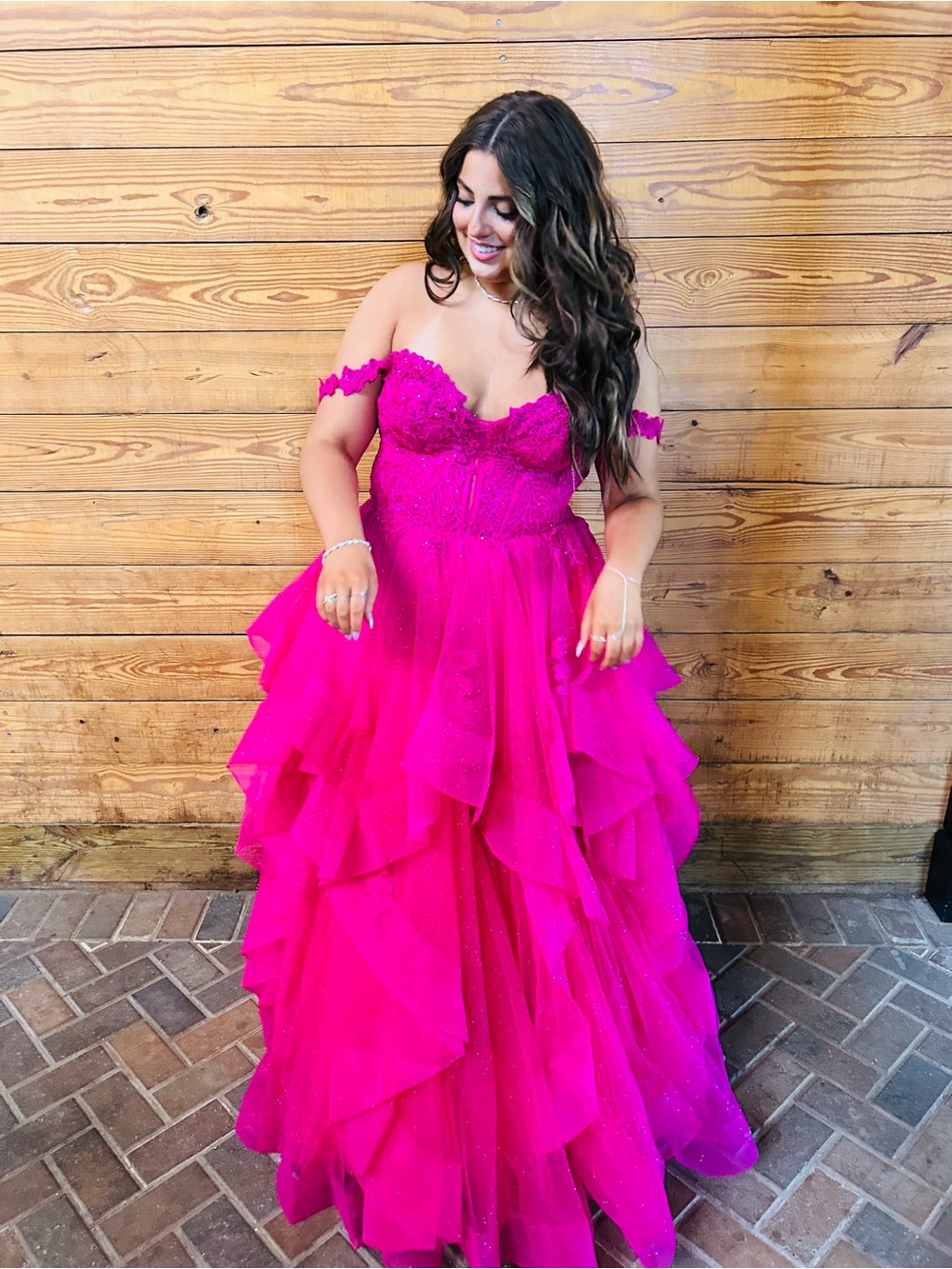 Camille La Vie Hot Pink Off-Shoulder Ruffle Gown